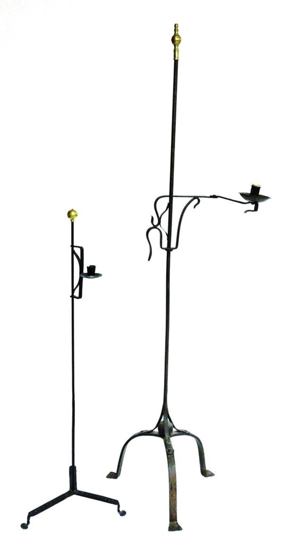 TWO IRON STANDING CANDLE-HOLDERS,