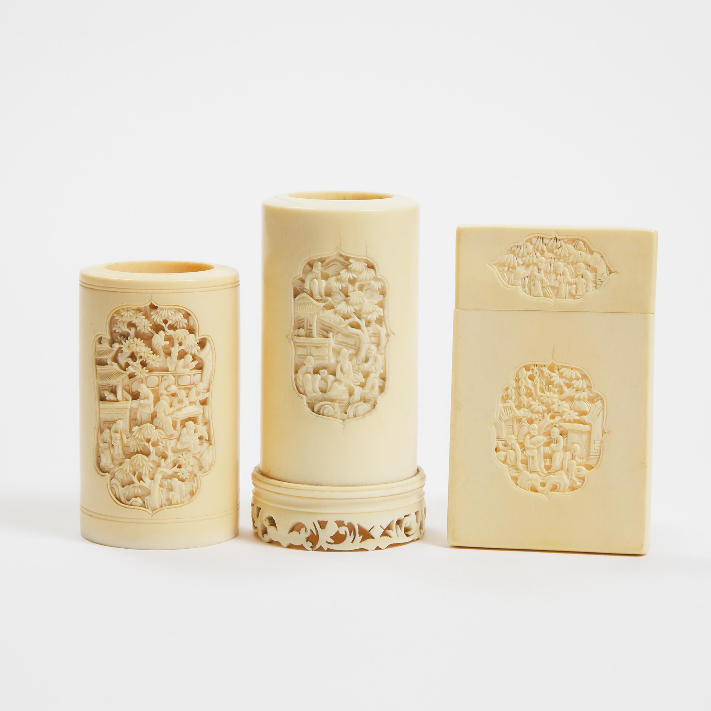 Two Ivory Brush Pots, Together With