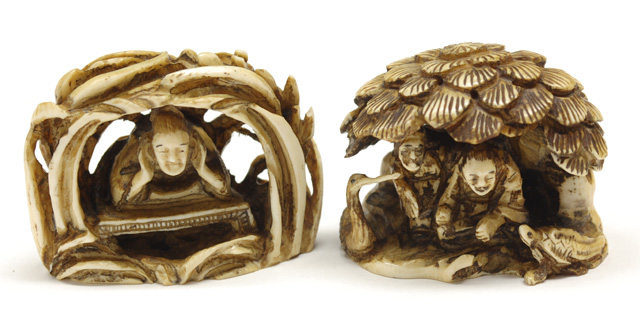 TWO IVORY CARVED NETSUKE: the first