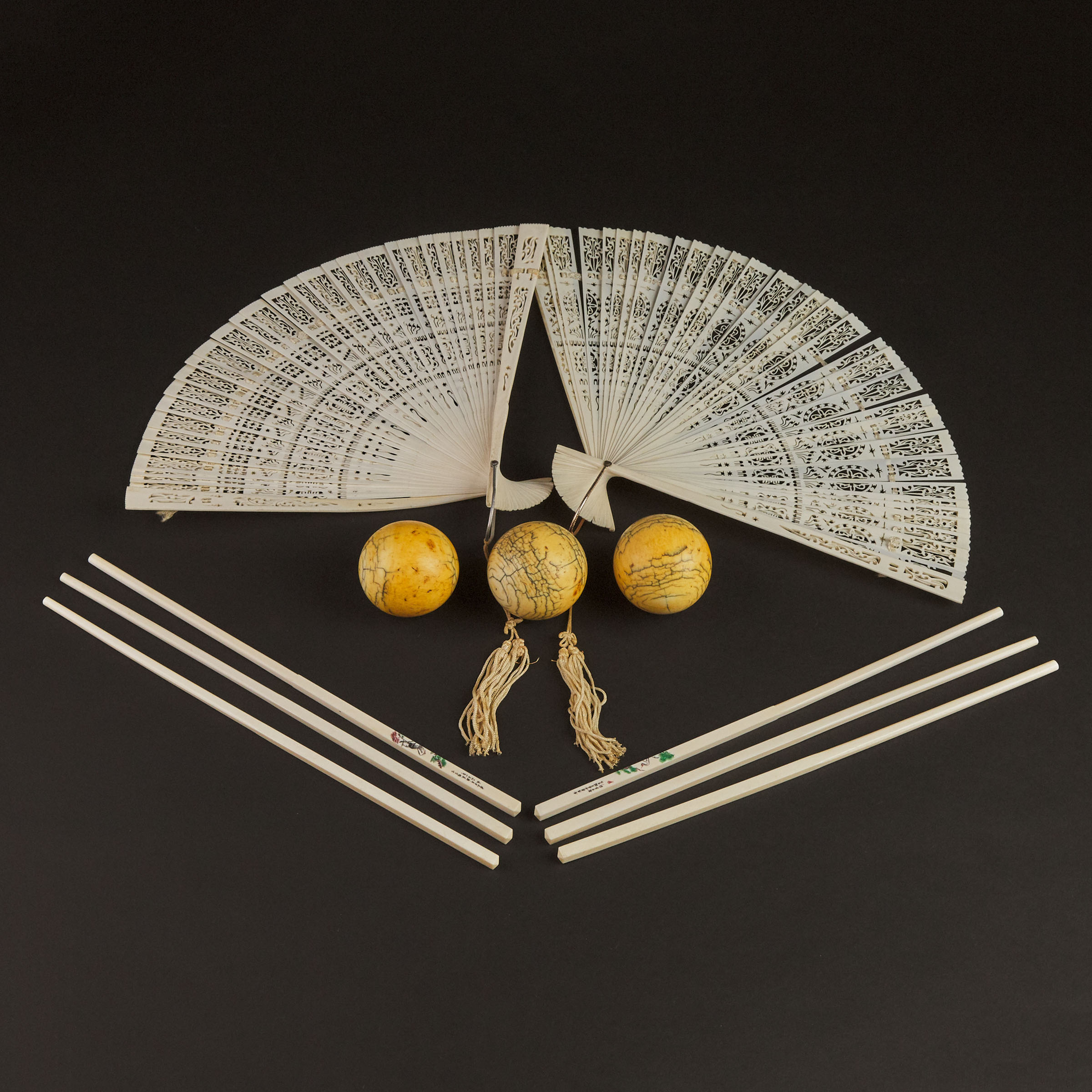 Two Ivory Fans, Three Billiard