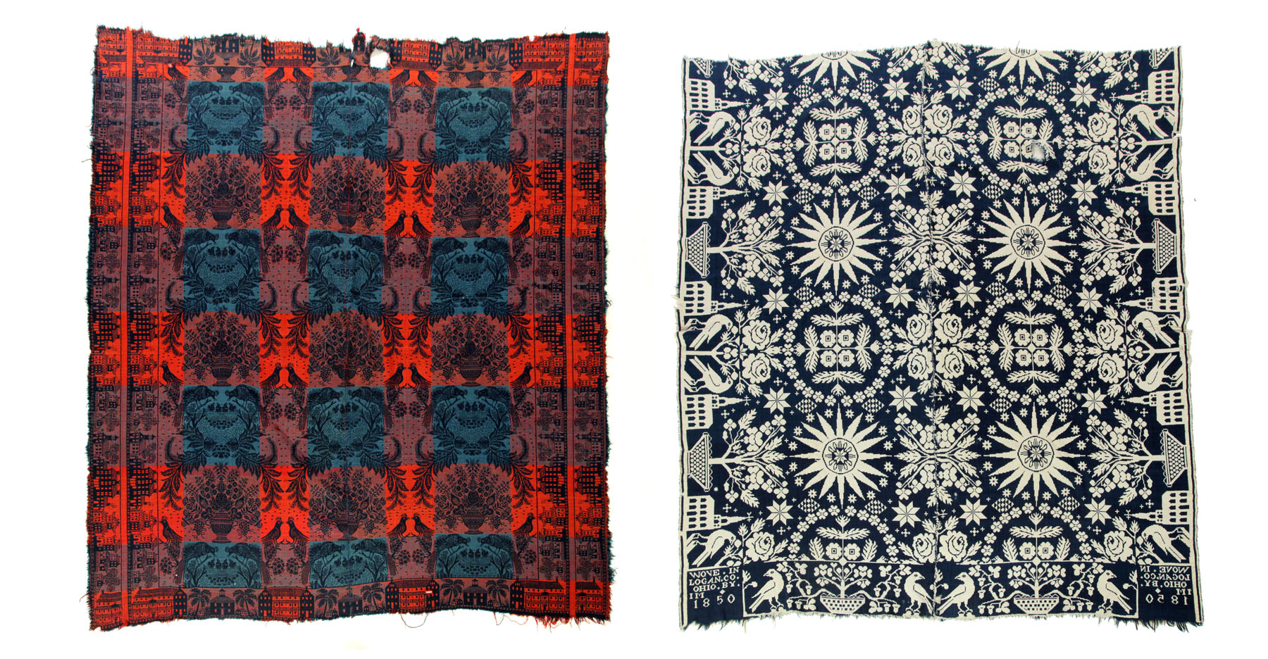TWO JACQUARD COVERLETS. 