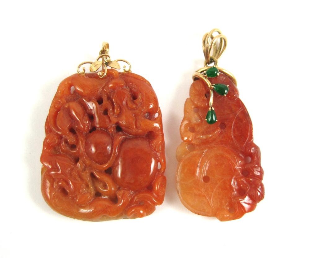 TWO JADE AND FOURTEEN KARAT GOLD