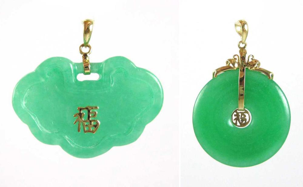 TWO JADE AND FOURTEEN KARAT GOLD