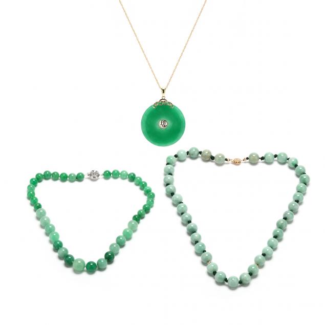 TWO JADE BEAD NECKLACES AND A