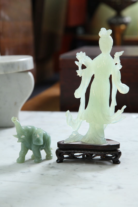 TWO JADE CARVINGS. An elephant. 3''