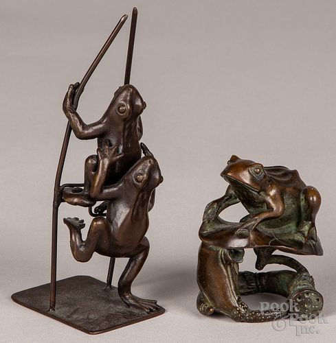 TWO JAPANESE BRONZE FROG FIGURESTwo