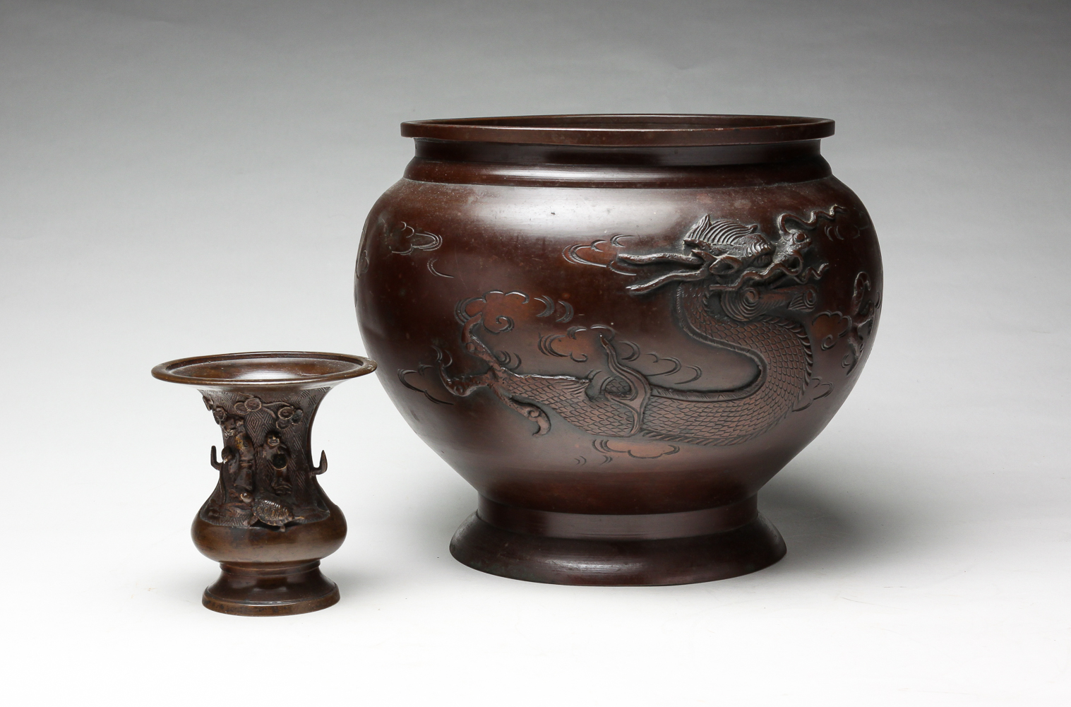 TWO JAPANESE BRONZE VASES. Meiji