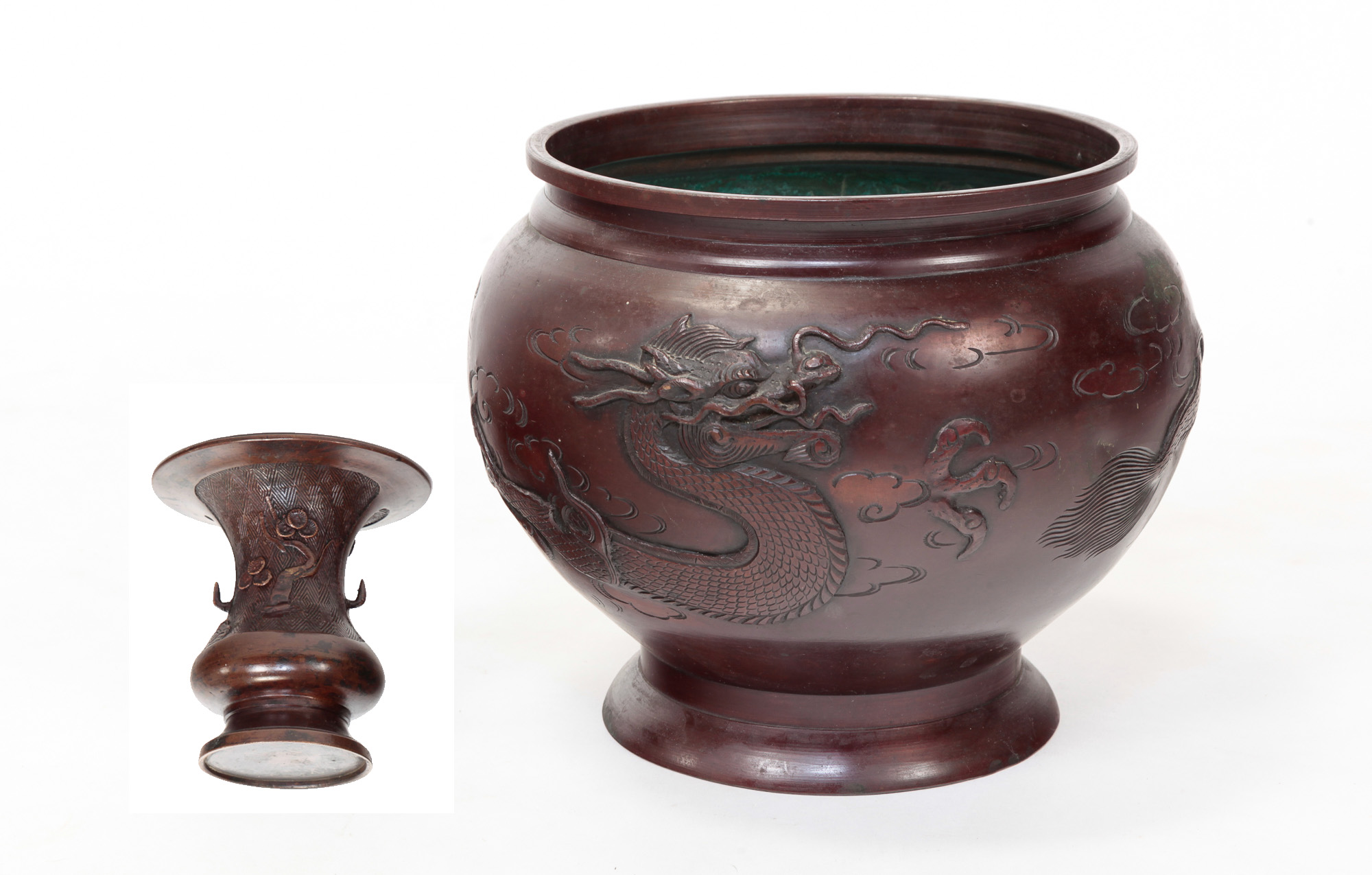 TWO JAPANESE BRONZE VASES. Meiji