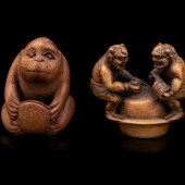 Two Japanese Carved Boxwood Ne