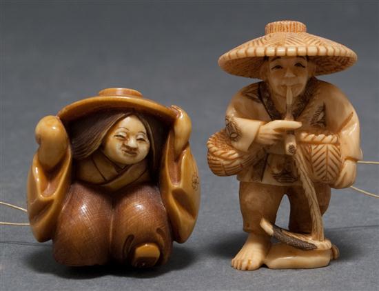 Two Japanese carved ivory netsukes: