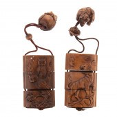 TWO JAPANESE CARVED WOOD INRO