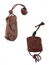 TWO JAPANESE CARVED WOOD INROS