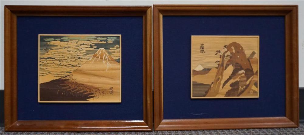 TWO JAPANESE COLORED MARQUETRY WOOD