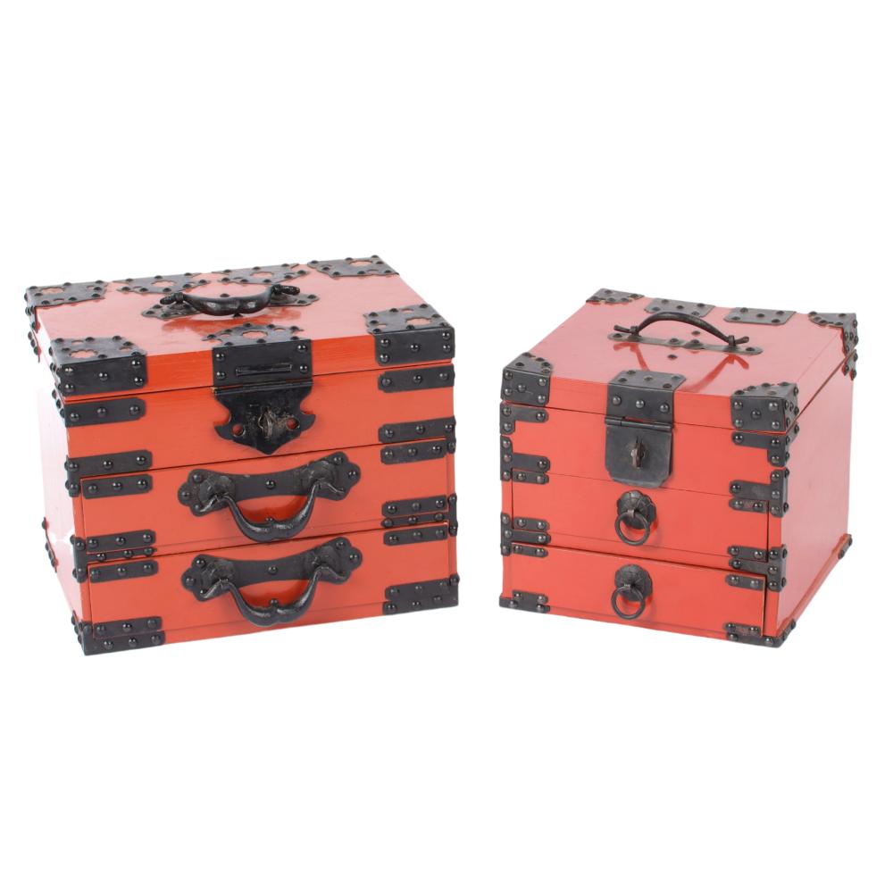 TWO JAPANESE RED LACQUER STORAGE OR