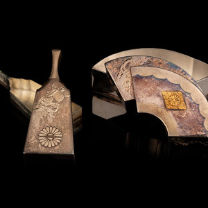 Two Japanese Silver Fan-Shaped