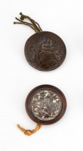 TWO JAPANESE WOODEN KAGAMIBUTA