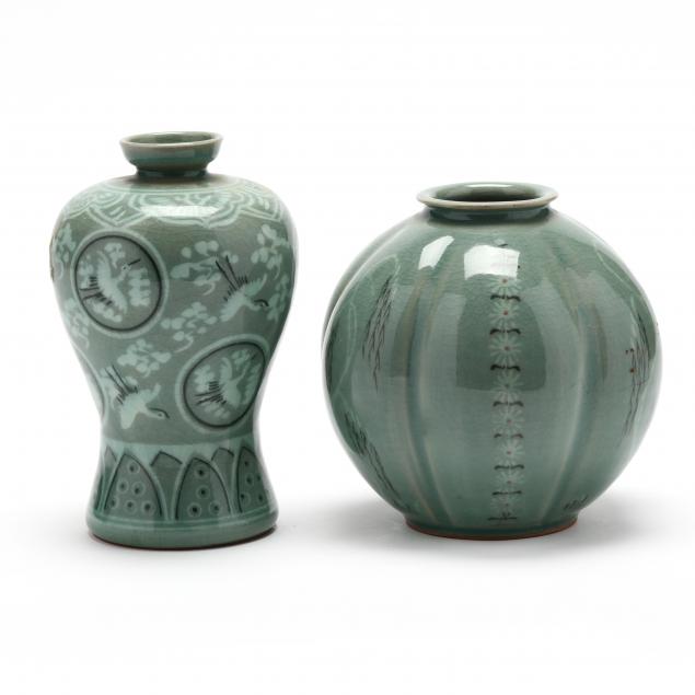 TWO KOREAN CELADON GLAZED VASES 