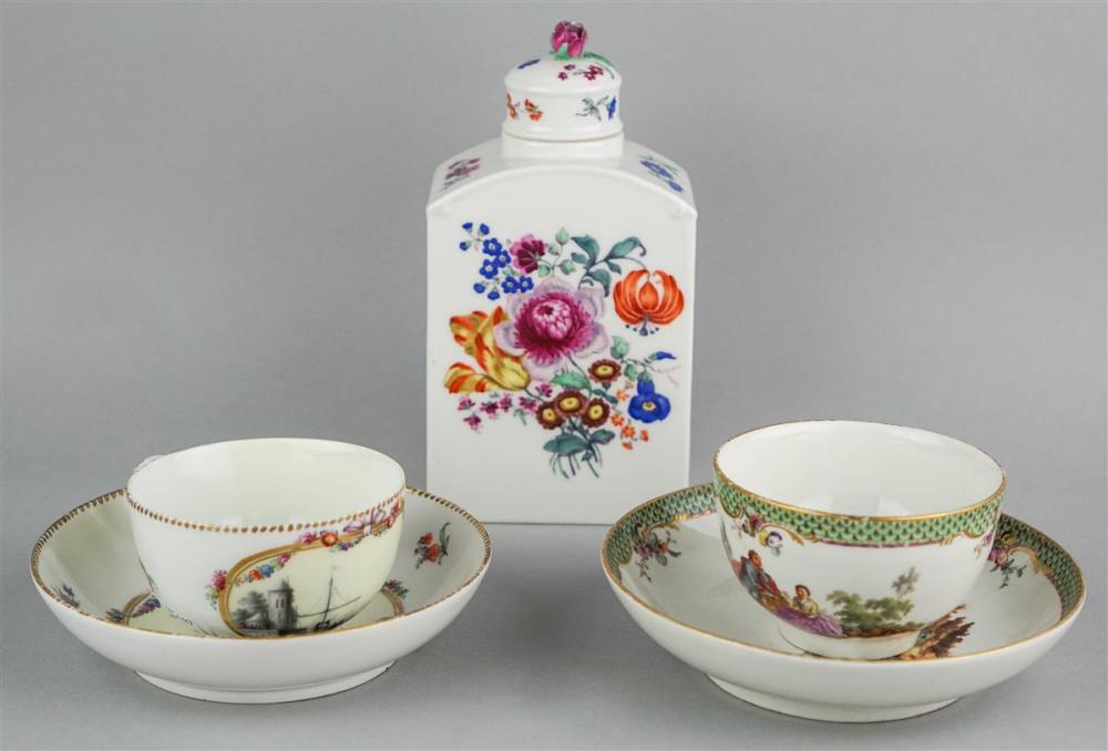 TWO KPM PICTORIAL CUPS AND SAUCERS,