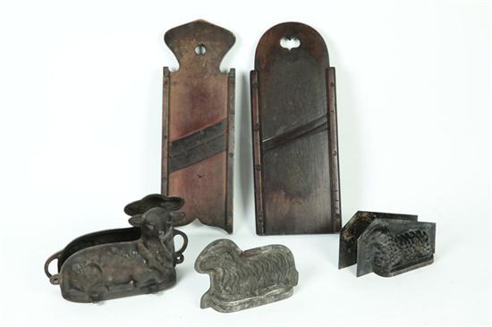 TWO KRAUT CUTTERS AND THREE MOLDS.