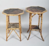 TWO LACQUERED RATTAN SIDE TABL