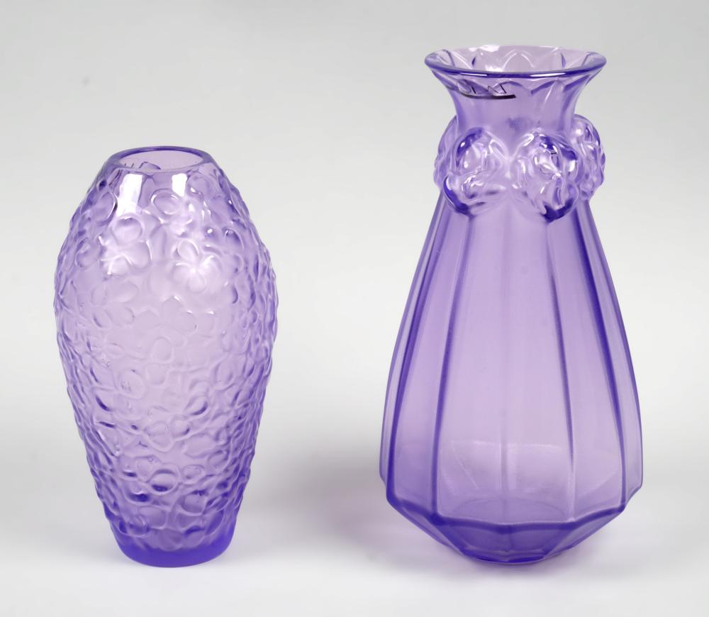 TWO LALIQUE PURPLE SMALL VASES: