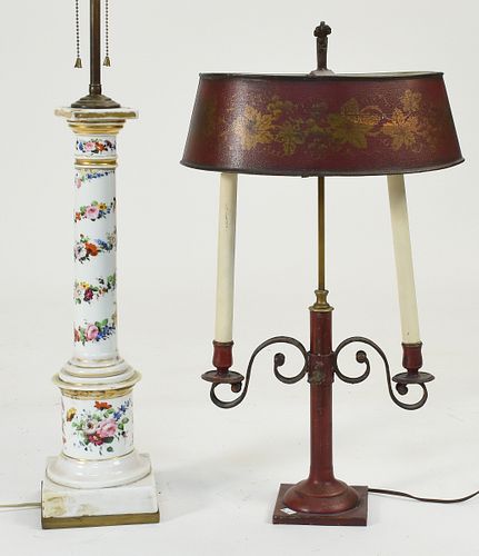 TWO LAMPS, PAINTED TOLEWARE AND