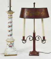 TWO LAMPS, PAINTED TOLEWARE AN