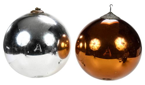 TWO LARGE 11 IN. KUGELS, BRONZE AND