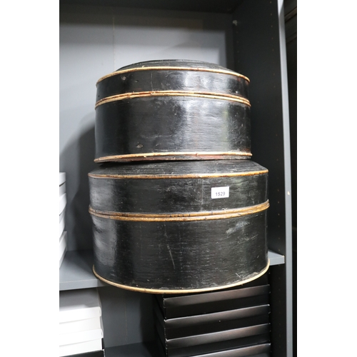 Two large black lacquer hat