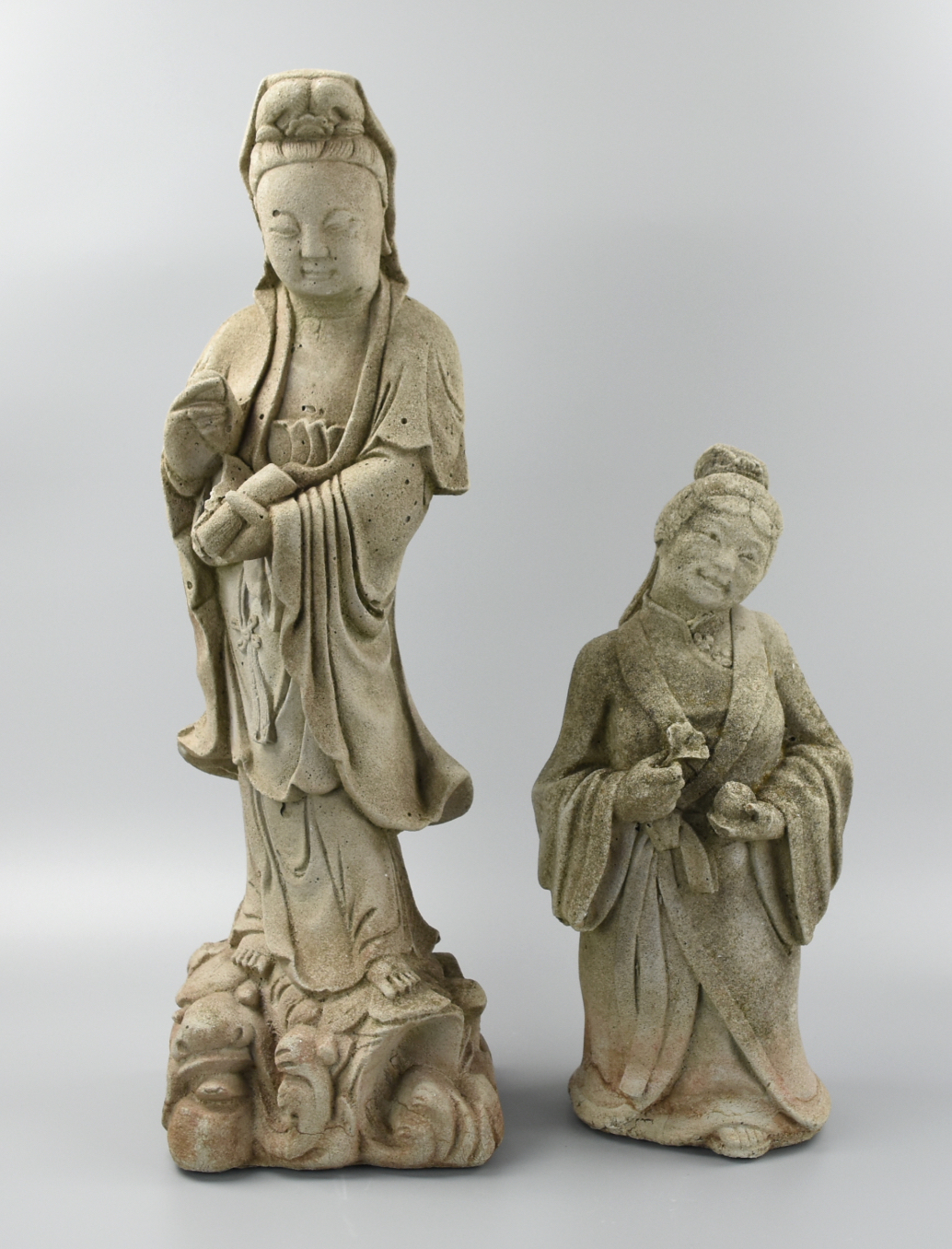 TWO LARGE CARVED STONE: GUANYIN &