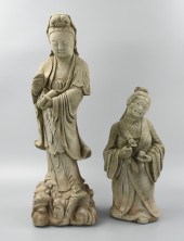 TWO LARGE CARVED STONE: GUANYI