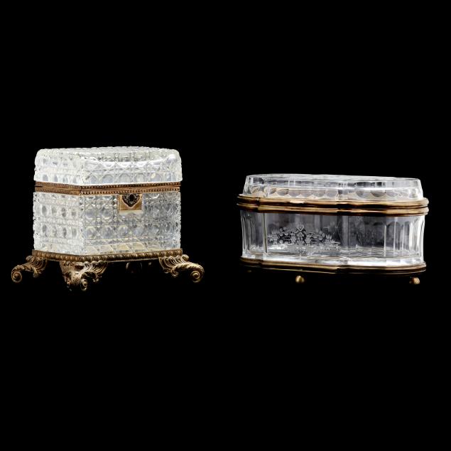 TWO LARGE CUT GLASS AND ORMOLU