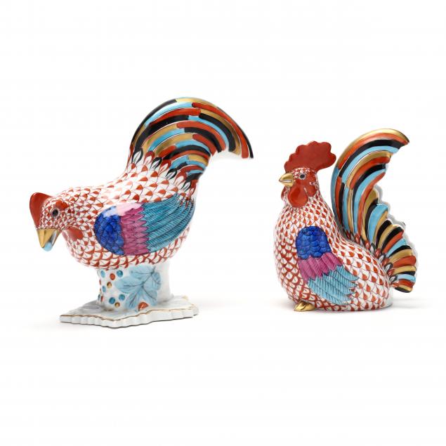 TWO LARGE HEREND PORCELAIN ROOSTERS