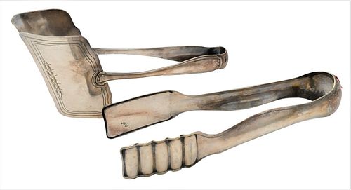 TWO LARGE SILVER TONGS, ONE