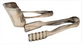 TWO LARGE SILVER TONGS, ONE MA