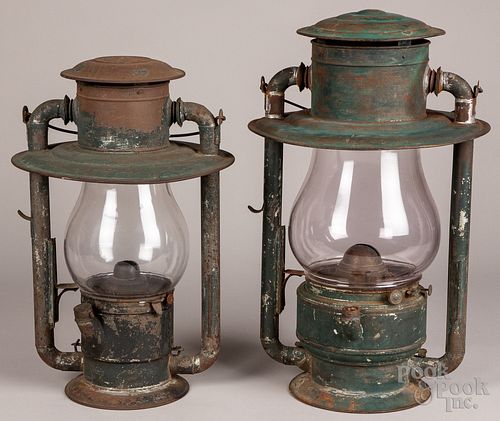 TWO LARGE TIN CARRY LANTERNS,