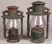 TWO LARGE TIN CARRY LANTERNS,