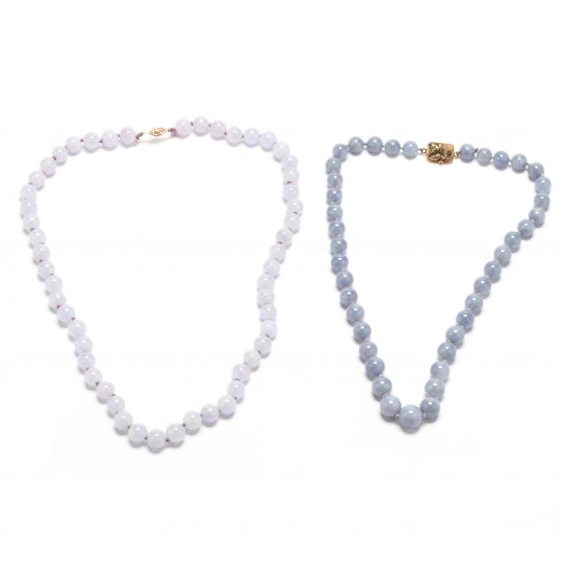 TWO LAVENDER JADE BEAD NECKLACES
