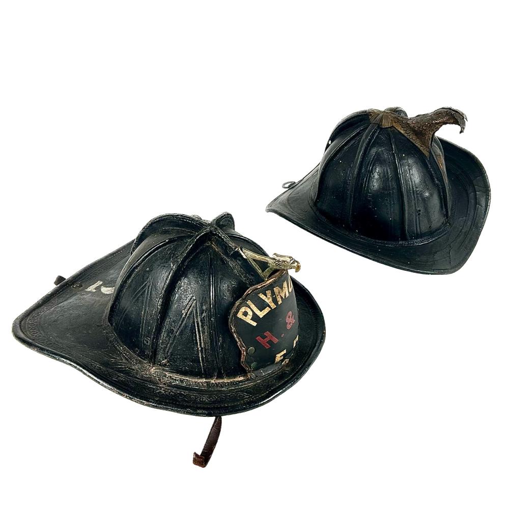 TWO LEATHER FIRE HELMETS 19TH