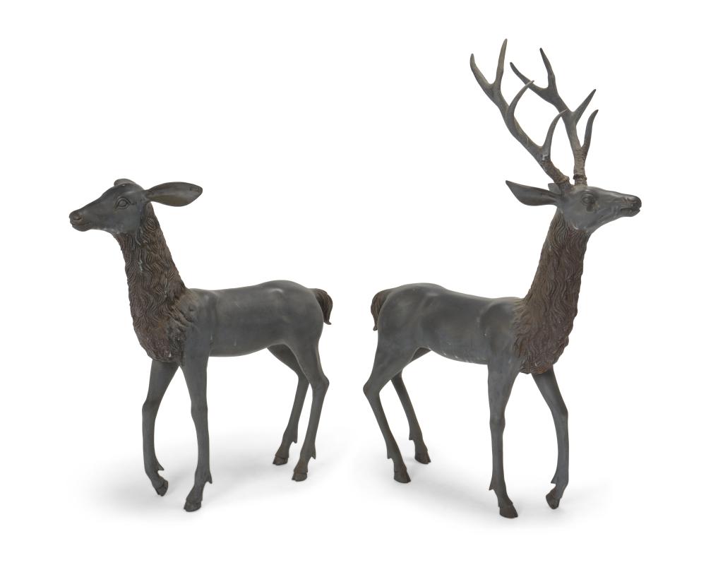 TWO LIFE-SIZE BRONZE DEER GARDEN