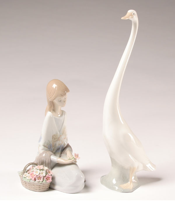 Two Lladro figures; elongated goose