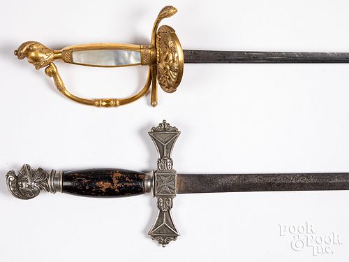 TWO LODGE SWORDS, WITH HELMET