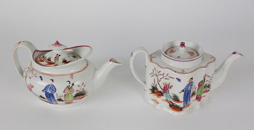TWO LOWESTOFT PORCELAIN TEAPOTS