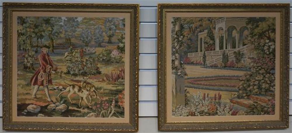 TWO MACHINE TAPESTRY PANELS, FRAME: