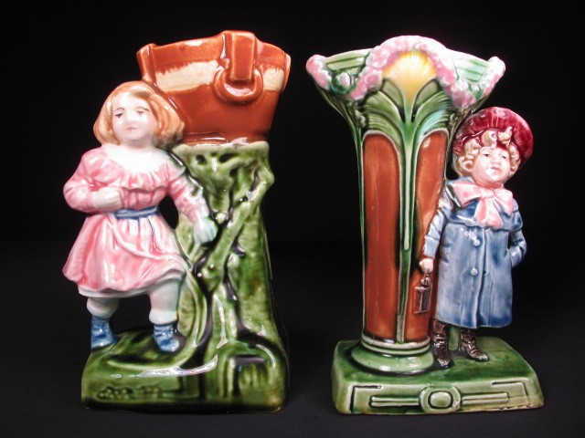 Two Majolica art pottery vases. One