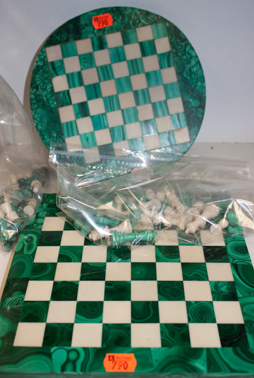 Two malachite and hardstone