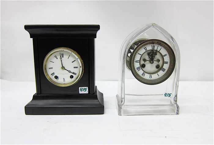 TWO MANTEL CLOCKS: black cased