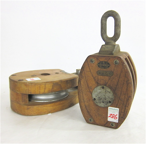 TWO MARINE OAK AND STEEL PULLEYS