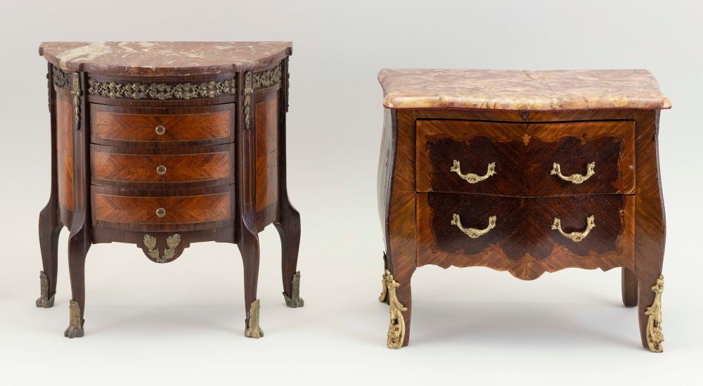TWO MARQUETRY AND MARBLE-TOP