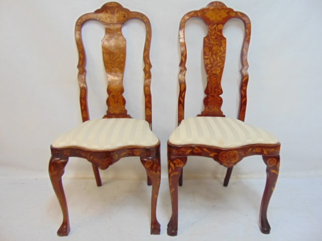 TWO MARQUETRY INLAID SIDE CHAIRS,